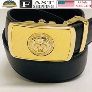 Black Leather Belt Automatic Buckle Slide No Hole Strep Ratchet‎ Gold Lion Head